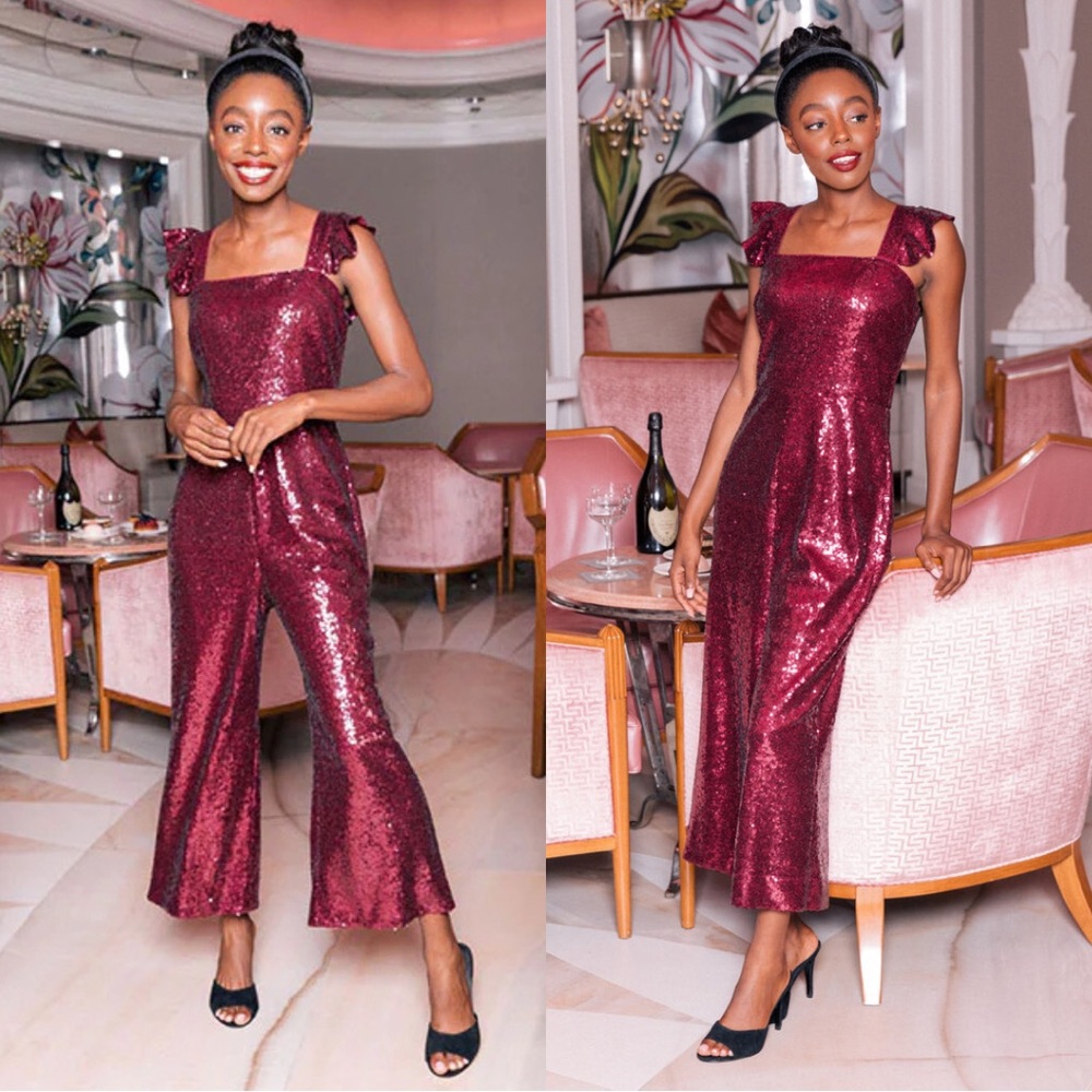 Gal Meets Glam Sequin Casey Jumpsuit in Plum Red Cropped Wide Leg Ruffle - 4